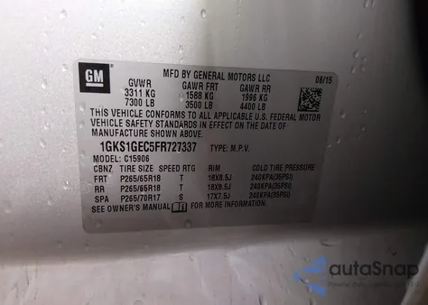 2015 GMC Yukon Xl 1500 Sle из США, поврежденный, VIN 1GKS1GEC5FR727337